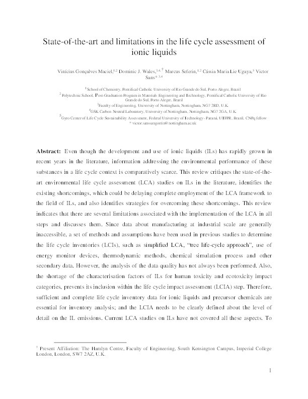 State-of-the-art and limitations in the life cycle assessment of ionic liquids Thumbnail