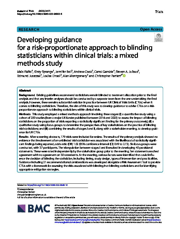Developing guidance for a risk-proportionate approach to blinding statisticians within clinical trials: a mixed methods study Thumbnail