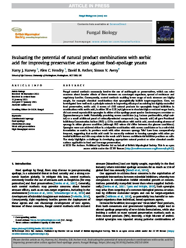 Evaluating the potential of natural product combinations with sorbic acid for improving preservative action against food-spoilage yeasts Thumbnail