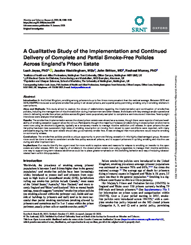 A Qualitative Study of the Implementation and Continued Delivery of Complete and Partial Smoke-Free Policies Across England's Prison Estate Thumbnail