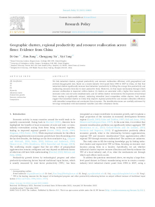 Geographic clusters, regional productivity and resource reallocation across firms: Evidence from China Thumbnail