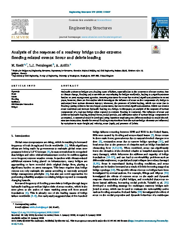 Analysis of the response of a roadway bridge under extreme flooding-related events: Scour and debris-loading Thumbnail