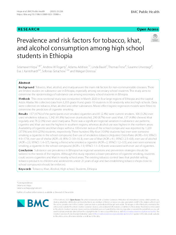 Prevalence and risk factors for tobacco, khat and alcohol consumption among high school students in Ethiopia Thumbnail