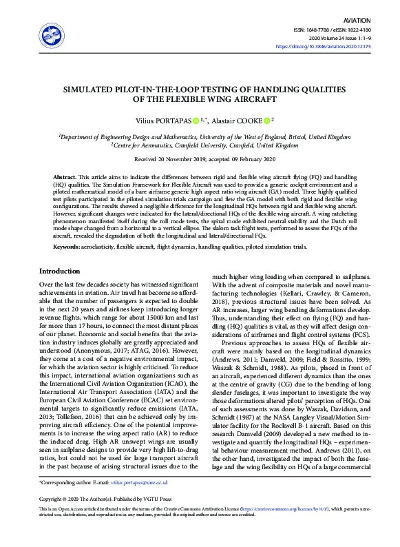 Simulated pilot-in-the-loop testing of handling qualities of the flexible wing aircraft Thumbnail