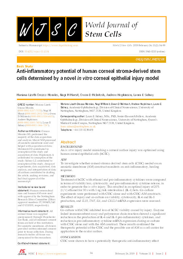 Anti-inflammatory potential of human corneal stroma-derived stem cells determined by a novel in vitro corneal epithelial injury model Thumbnail