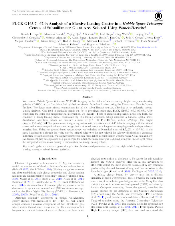 PLCK G165.7+67.0: Analysis of a Massive Lensing Cluster in a Hubble Space Telescope Census of Submillimeter Giant Arcs Selected Using Planck/Herschel Thumbnail