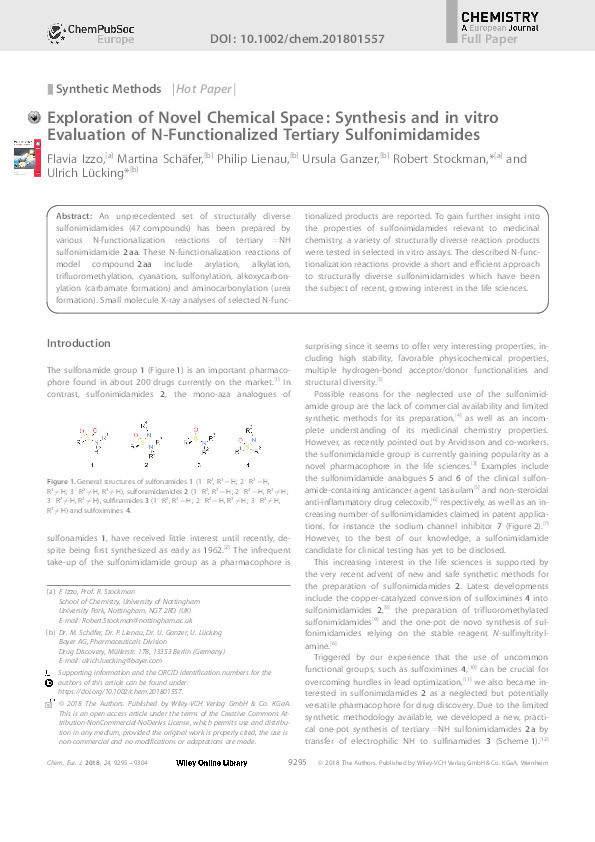 Exploration of novel chemical space: synthesis and in vitro evaluation of N-functionalized tertiary sulfonimidamides Thumbnail