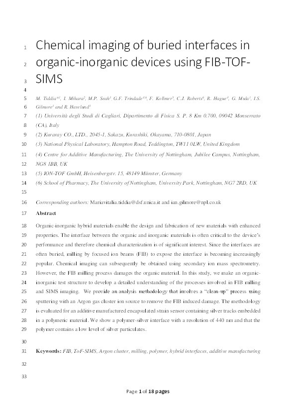 Chemical Imaging of Buried Interfaces in Organic-Inorganic Devices Using Focused Ion Beam-Time-of-Flight-Secondary-Ion Mass Spectrometry Thumbnail