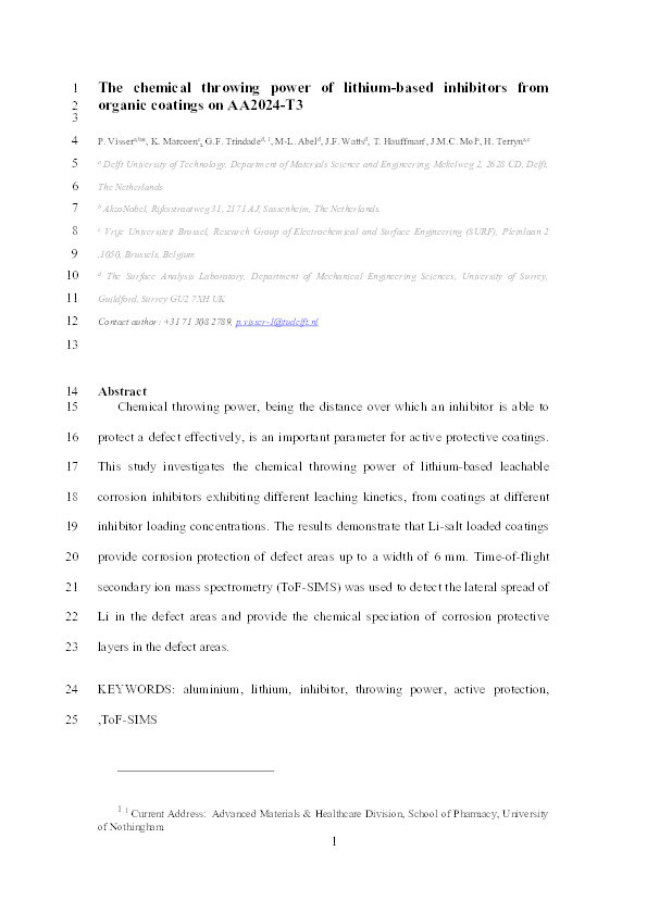 The chemical throwing power of lithium-based inhibitors from organic coatings on AA2024-T3 Thumbnail
