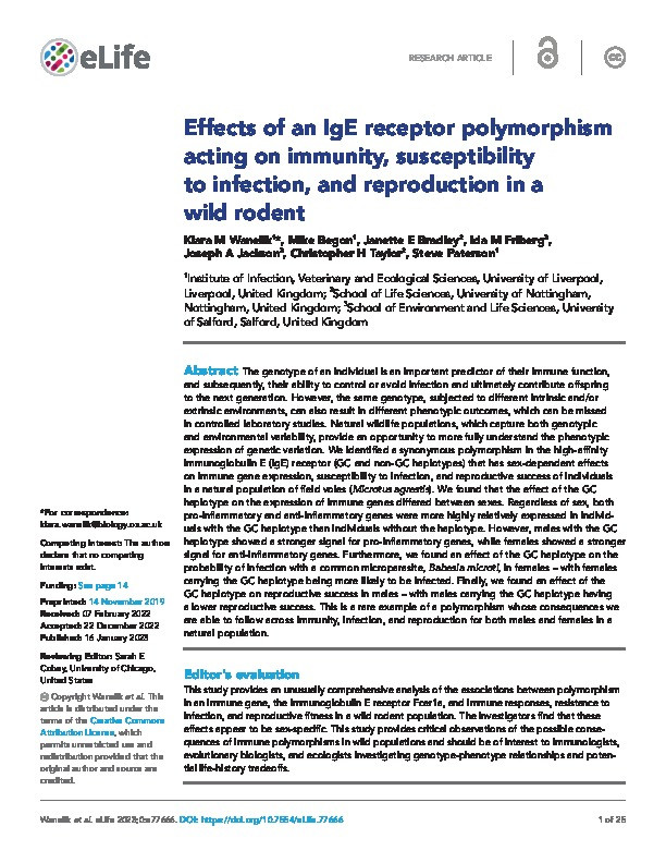 Effects of an IgE receptor polymorphism acting on immunity, susceptibility to infection, and reproduction in a wild rodent Thumbnail