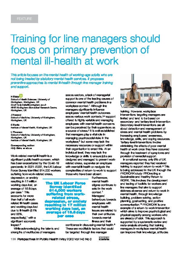 Training for line managers should focus on primary prevention of mental ill-health at work Thumbnail
