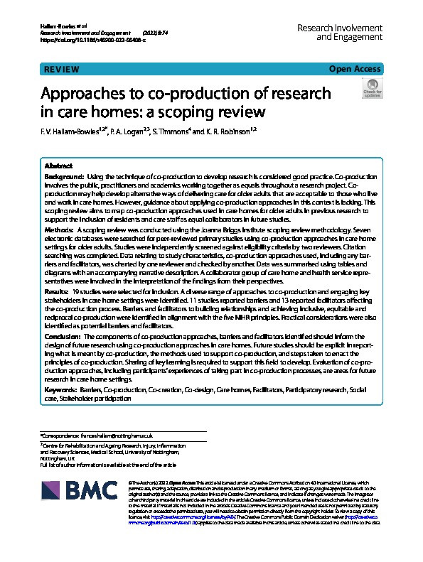Approaches to co-production of research in care homes: a scoping review Thumbnail