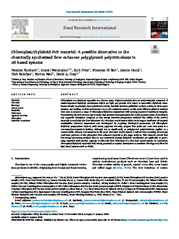 Chloroplast/thylakoid-rich material: A possible alternative to the chemically synthesised flow enhancer polyglycerol polyricinoleate in oil-based systems Thumbnail