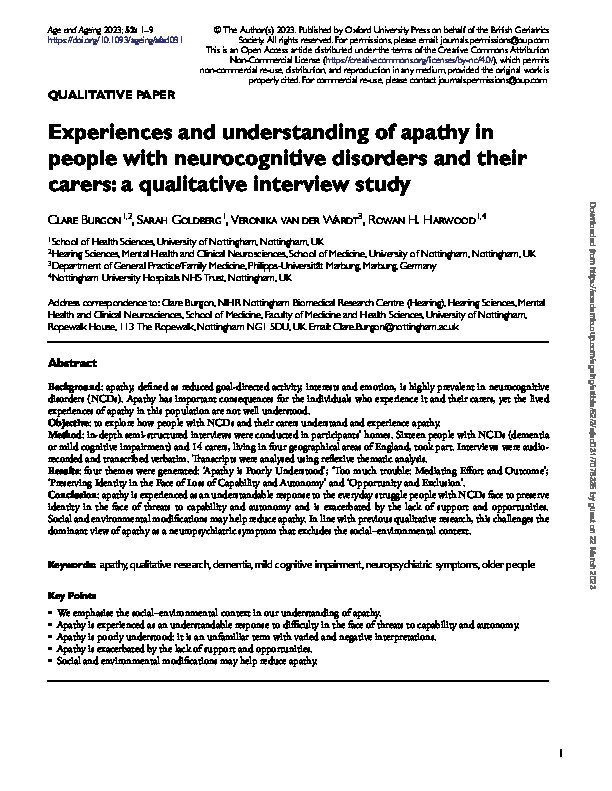 Experiences and understanding of apathy in people with neurocognitive disorders and their carers: a qualitative interview study Thumbnail