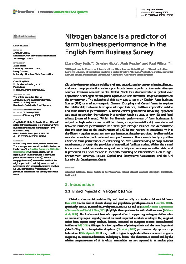 Nitrogen balance is a predictor of farm business performance in the English Farm Business Survey Thumbnail
