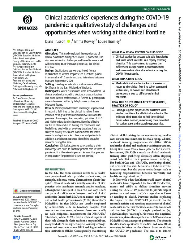 Clinical academics' experiences during the COVID-19 pandemic: a qualitative study of challenges and opportunities when working at the clinical frontline Thumbnail