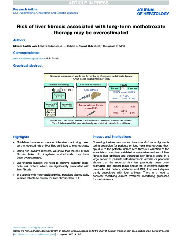 Risk of liver fibrosis associated with long-term methotrexate therapy may be overestimated Thumbnail