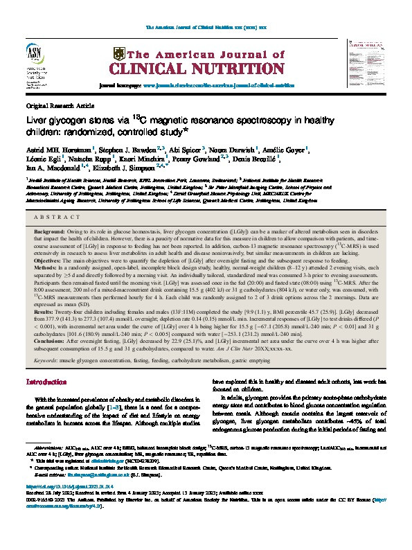 Liver glycogen stores via 13C magnetic resonance spectroscopy in healthy children: randomized, controlled study Thumbnail
