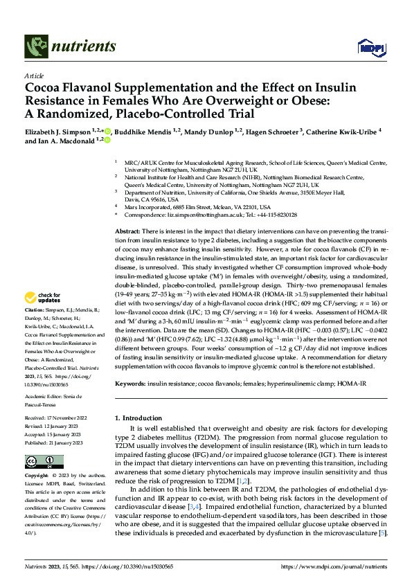 Cocoa Flavanol Supplementation and the Effect on Insulin Resistance in Females Who Are Overweight or Obese: A Randomized, Placebo-Controlled Trial Thumbnail