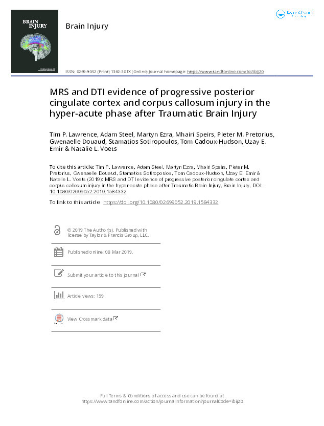 MRS and DTI evidence of progressive posterior cingulate cortex and corpus callosum injury in the hyper-acute phase after Traumatic Brain Injury Thumbnail