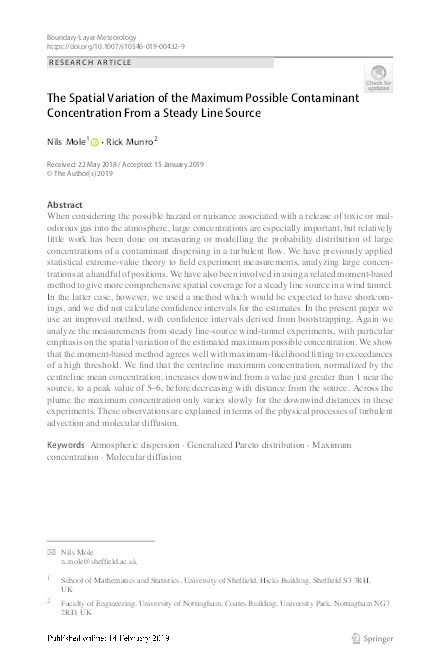 The spatial variation of the maximum possible contaminant concentration from a steady line source Thumbnail