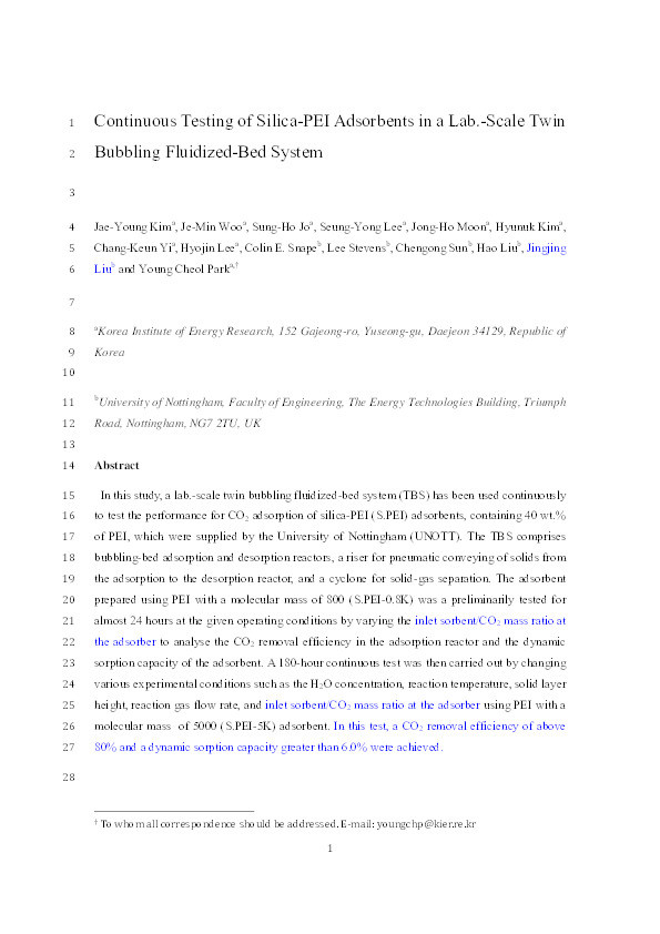 Continuous testing of silica-PEI adsorbents in a lab.-scale twin bubbling fluidized-bed system Thumbnail