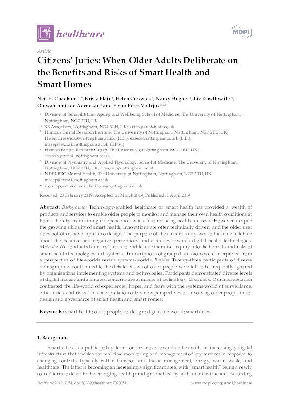 Citizens’ juries: when older adults deliberate on the benefits and risks of smart health and smart homes Thumbnail