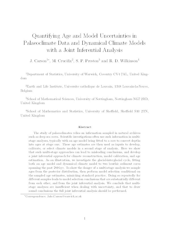 Quantifying age and model uncertainties in palaeoclimate data and dynamical climate models with a joint inferential analysis Thumbnail