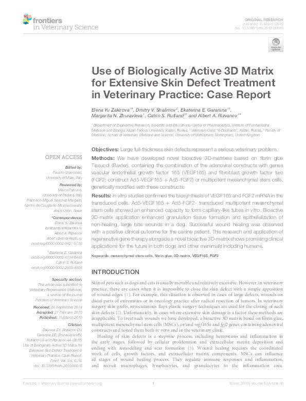 Use of biologically active 3D matrix for extensive skin defect treatment in veterinary practice: case report Thumbnail