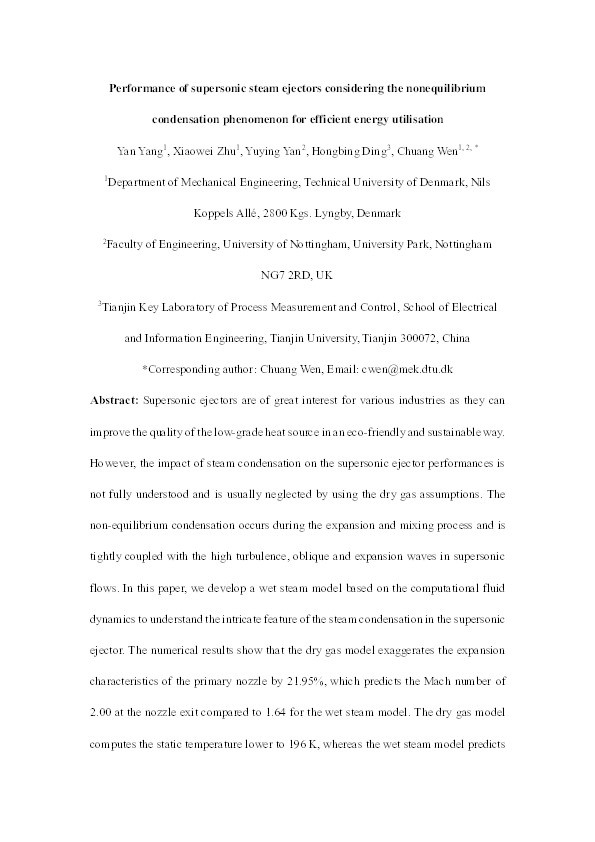 Performance of supersonic steam ejectors considering the nonequilibrium condensation phenomenon for efficient energy utilisation Thumbnail