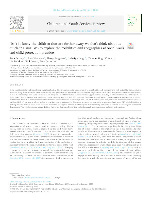 “Isn't it funny the children that are further away we don't think about as much?”: using GPS to explore the mobilities and geographies of social work and child protection practice Thumbnail