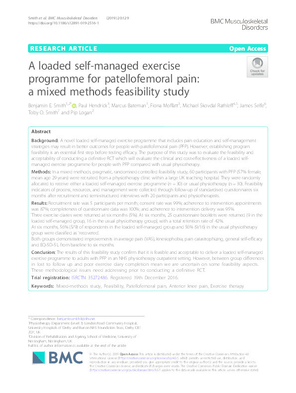 A loaded self-managed exercise programme for patellofemoral pain: a mixed methods feasibility study Thumbnail