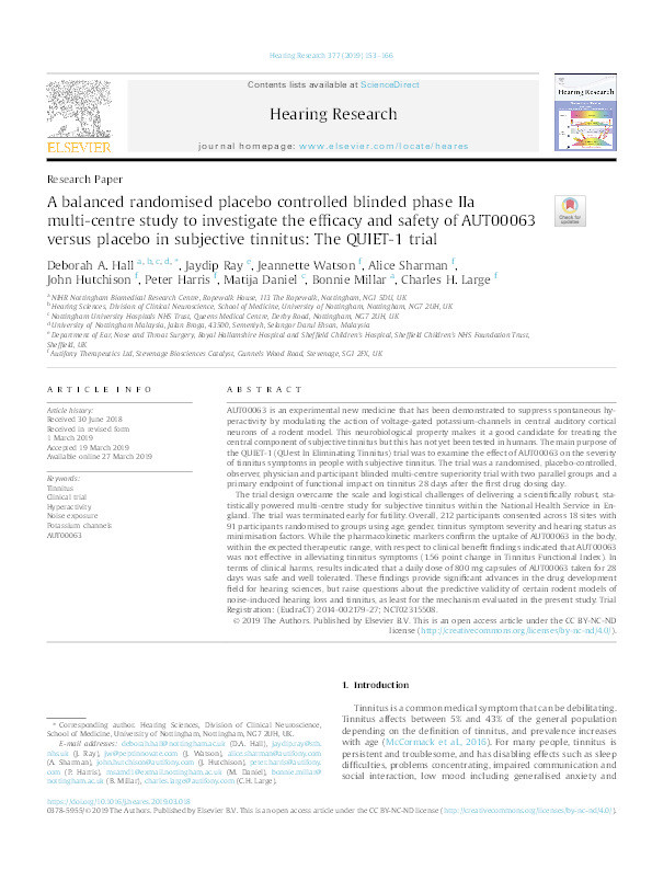 A balanced randomised placebo controlled blinded phase IIa multi-centre study to investigate the efficacy and safety of AUT00063 versus placebo in subjective tinnitus: the QUIET-1 trial Thumbnail
