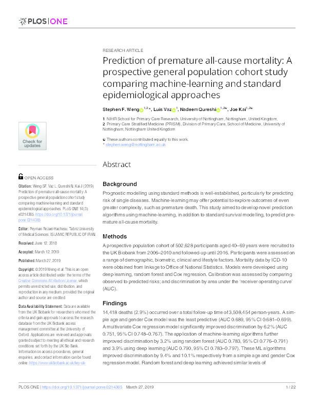 Prediction of premature all-cause mortality: a prospective general population cohort study comparing machine-learning and standard epidemiological approaches Thumbnail