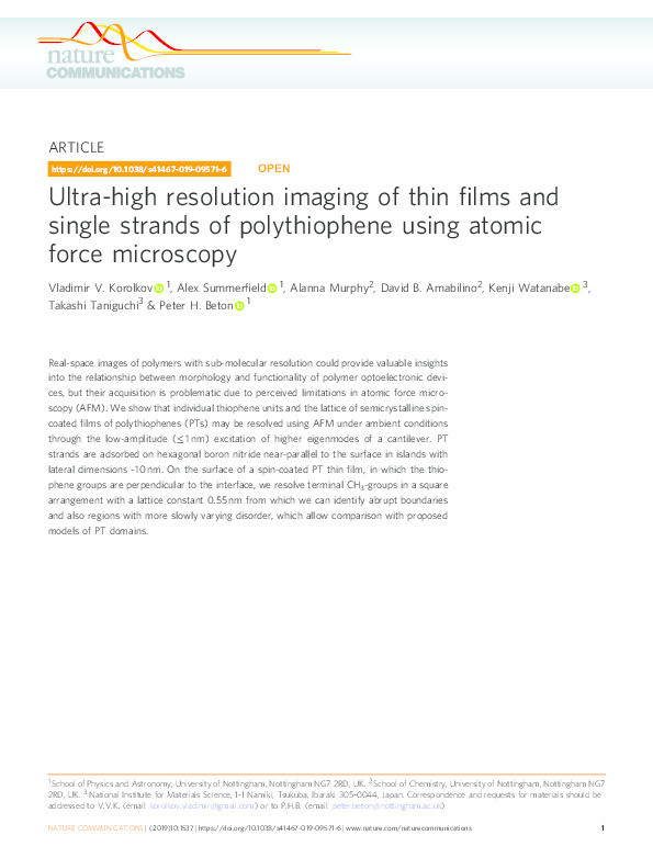 Ultra-high resolution imaging of thin films and single strands of polythiophene using atomic force microscopy Thumbnail
