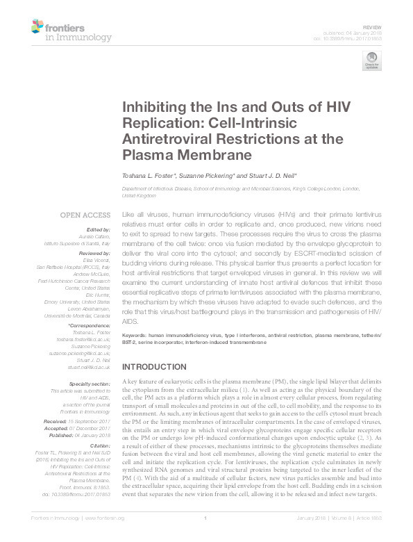 Inhibiting the ins and outs of HIV replication: cell-intrinsic antiretroviral restrictions at the plasma membrane Thumbnail