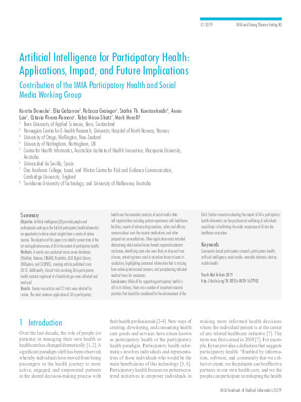 Artificial intelligence for participatory health: applications, impact and future implications Thumbnail