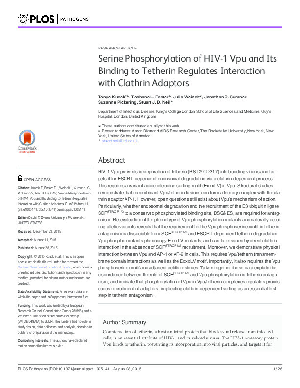 Serine phosphorylation of HIV-1 Vpu and its binding to tetherin regulates interaction with clathrin adaptors Thumbnail