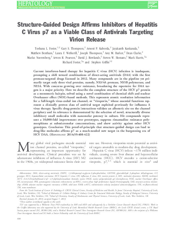 Structure-guided design affirms inhibitors of hepatitis C virus p7 as a viable class of antivirals targeting virion release Thumbnail