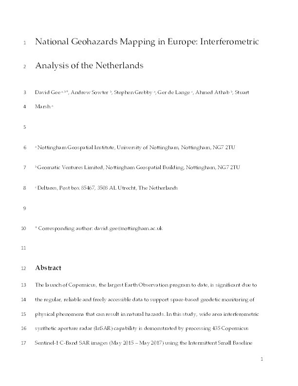 National geohazards mapping in Europe: interferometric analysis of the Netherlands Thumbnail
