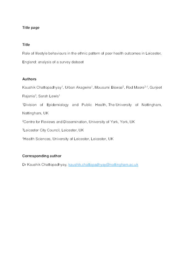 Role of lifestyle behaviours in the ethnic pattern of poor health outcomes in Leicester, England: analysis of a survey dataset Thumbnail