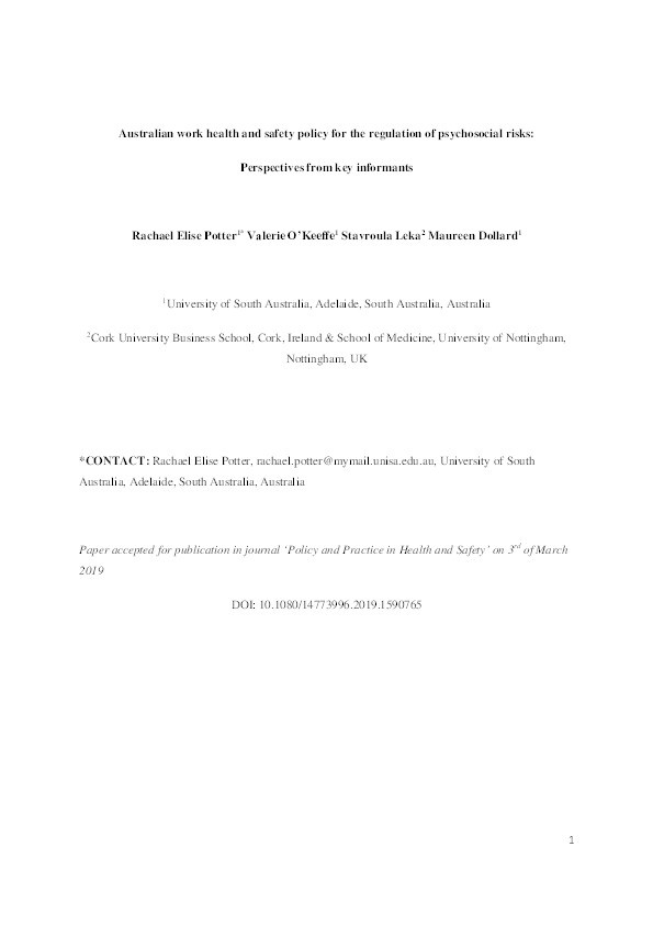 Australian work health and safety policy for the regulation of psychosocial risks: perspectives from key informants Thumbnail