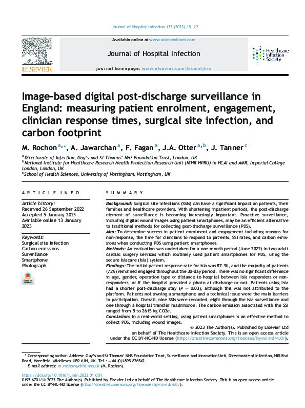 Image-based digital post-discharge surveillance in England: measuring patient enrolment, engagement, clinician response times, surgical site infection, and carbon footprint Thumbnail