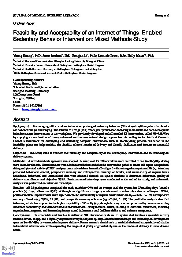 Feasibility and acceptability of an Internet of Things-enabled sedentary behavior intervention: mixed-methods study Thumbnail