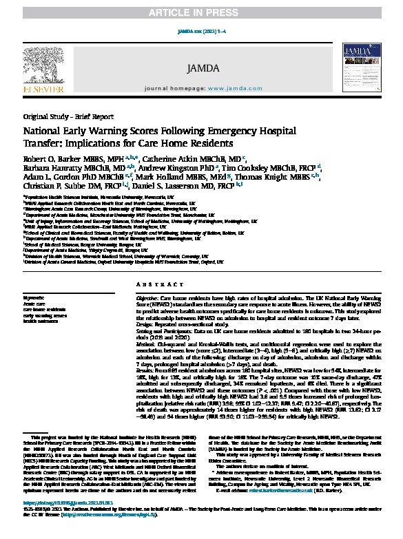 National Early Warning Scores Following Emergency Hospital Transfer: Implications for Care Home Residents Thumbnail