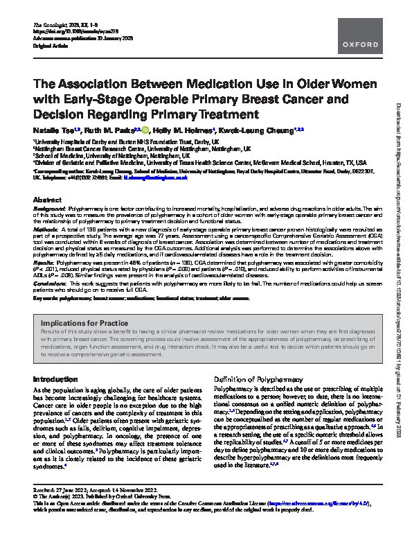 The Association Between Medication Use in Older Women with Early-Stage Operable Primary Breast Cancer and Decision Regarding Primary Treatment Thumbnail