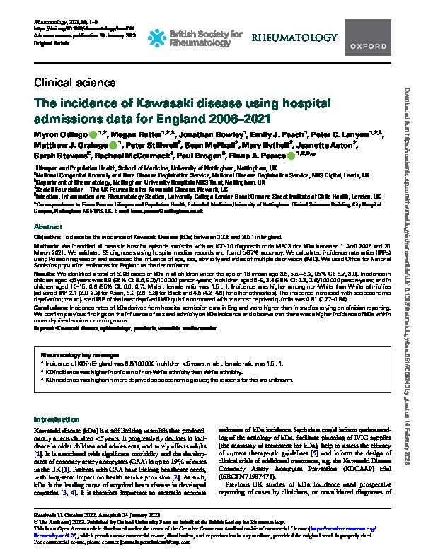 The incidence of Kawasaki disease using hospital admissions data for England 2006-2021 Thumbnail