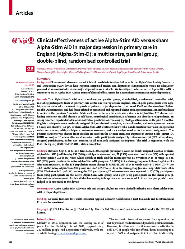 Clinical effectiveness of active Alpha-Stim AID versus sham Alpha-Stim AID in major depression in primary care in England (Alpha-Stim-D): a multicentre, parallel group, double-blind, randomised controlled trial Thumbnail