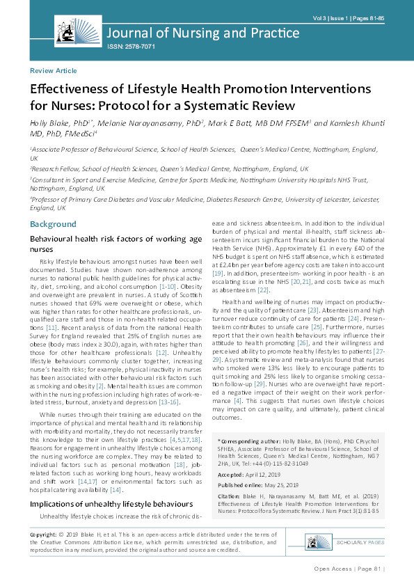 Effectiveness of lifestyle health promotion interventions for nurses: protocol for a systematic review Thumbnail