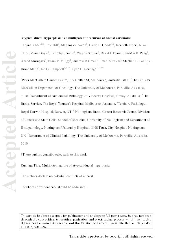 Atypical ductal hyperplasia is a multipotent precursor of breast carcinoma Thumbnail